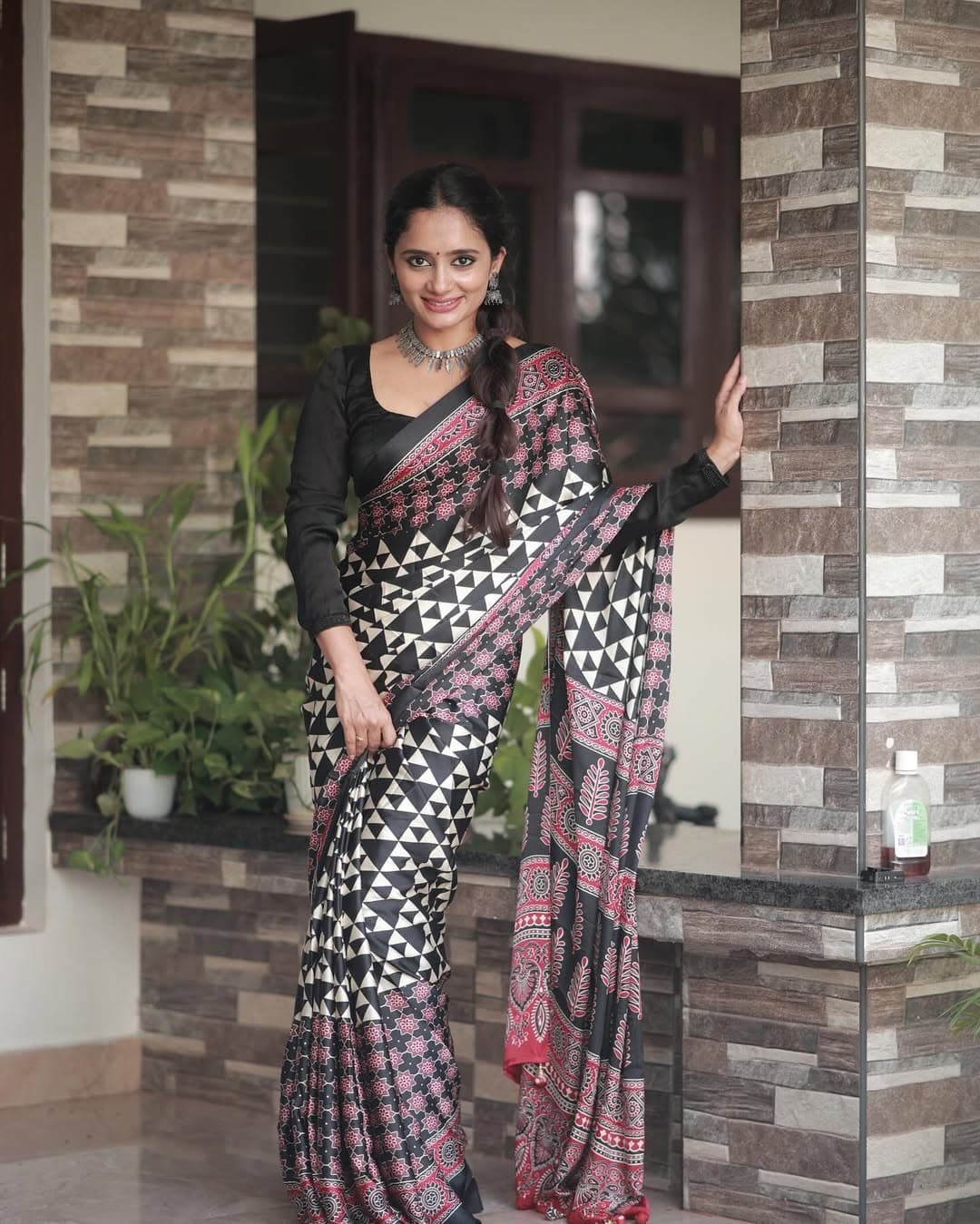 Black Printed Saree with Pink Ajrakh Border and Pallu | Elegant Soft Saree