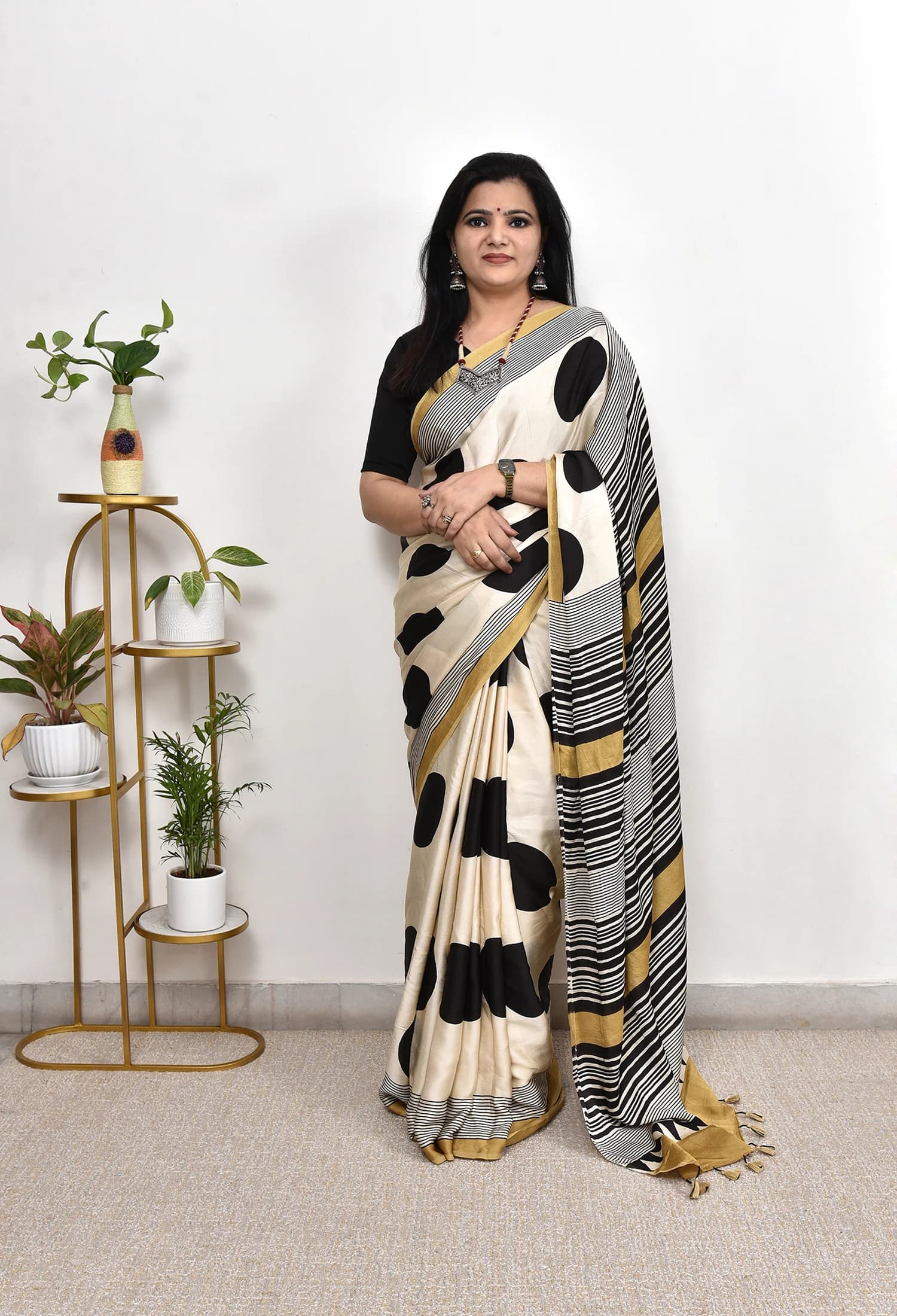 Cream Printed Saree with Bold Black Dots & Modern Mustard Border