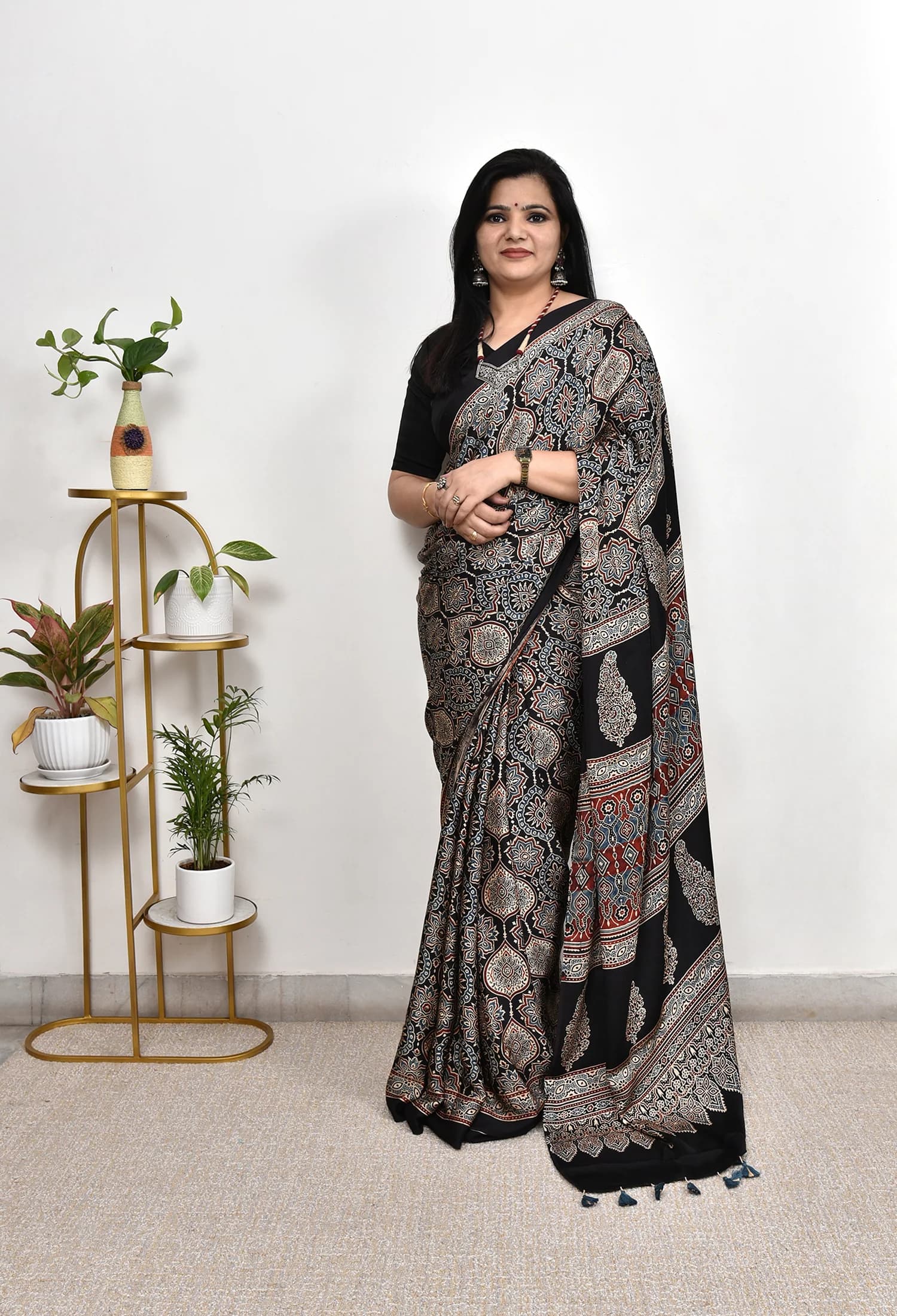 Premium Black Saree with Traditional Ajrakh Motifs & Rich Border