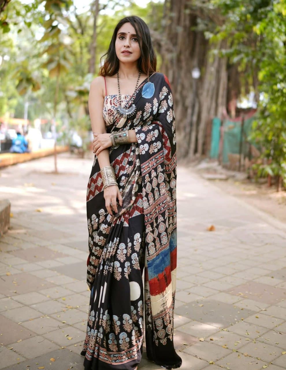 Elegant Black Ajrakh Print Semi Gajji Silk Saree
